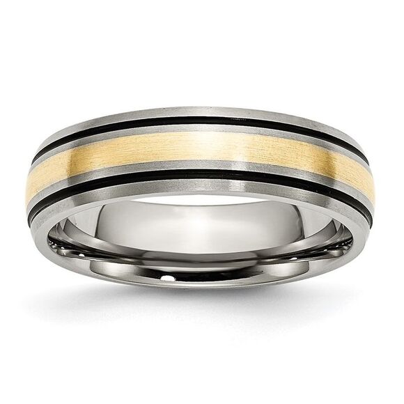 Kazi Luxury Titanium Antiqued & Brushed 14k Yellow Gold Inlay 6mm Grooved B&